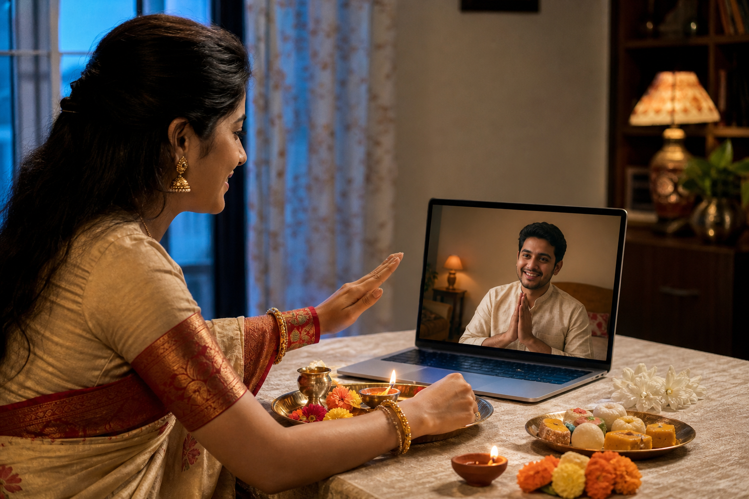 A sister with a Bhai Phonta plate speaks to her brother on a laptop during a long-distance family observance.