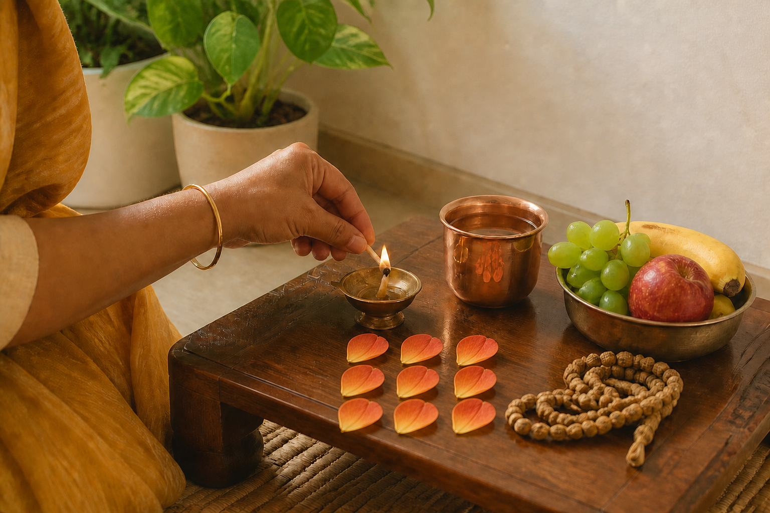 A devotee lights a small brass oil lamp beside water, fruit, prayer beads, and nine flower petals in a simple home observance.