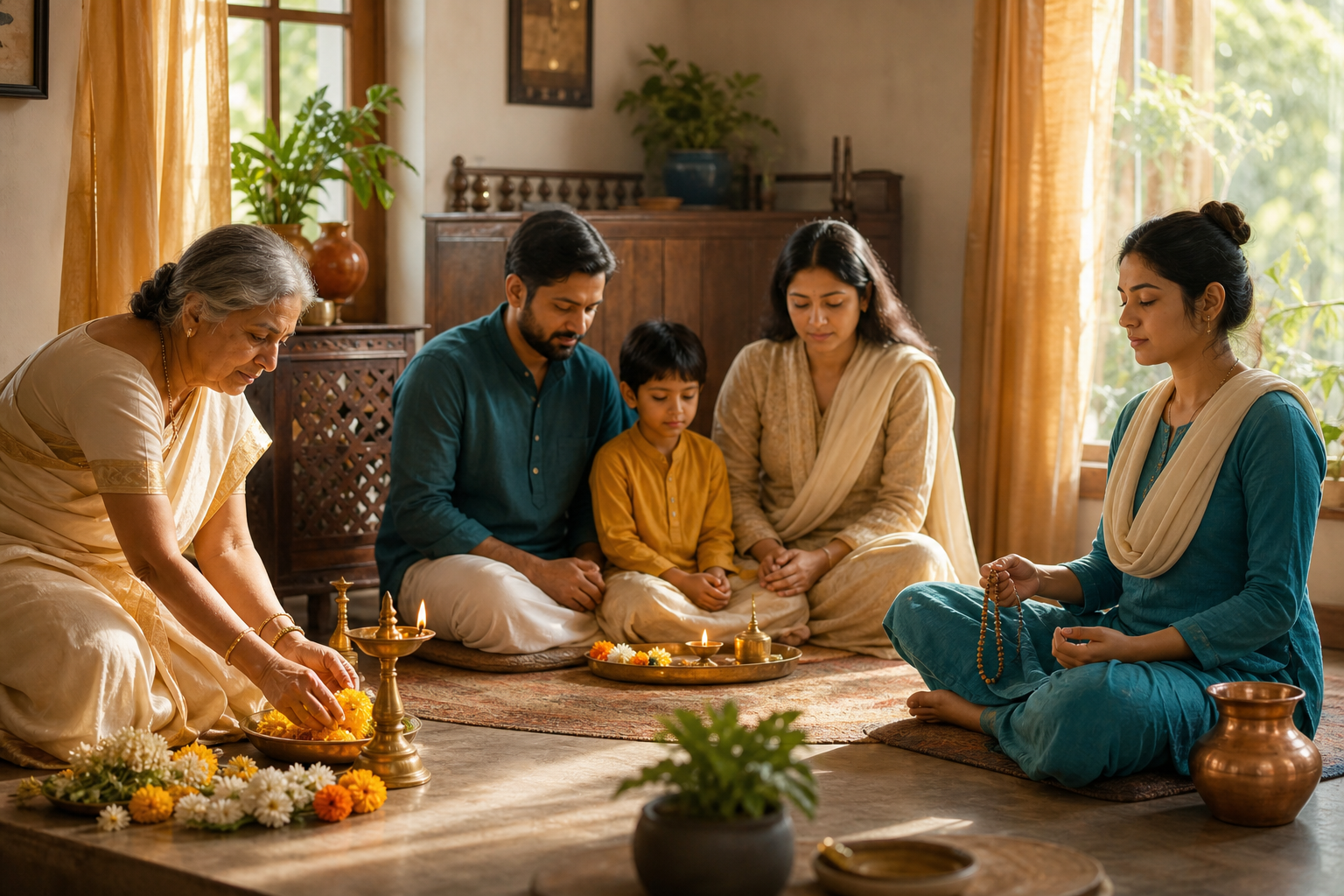 Family members in one home arrange flowers, sit together before an offering tray, and reflect quietly in different forms of observance.