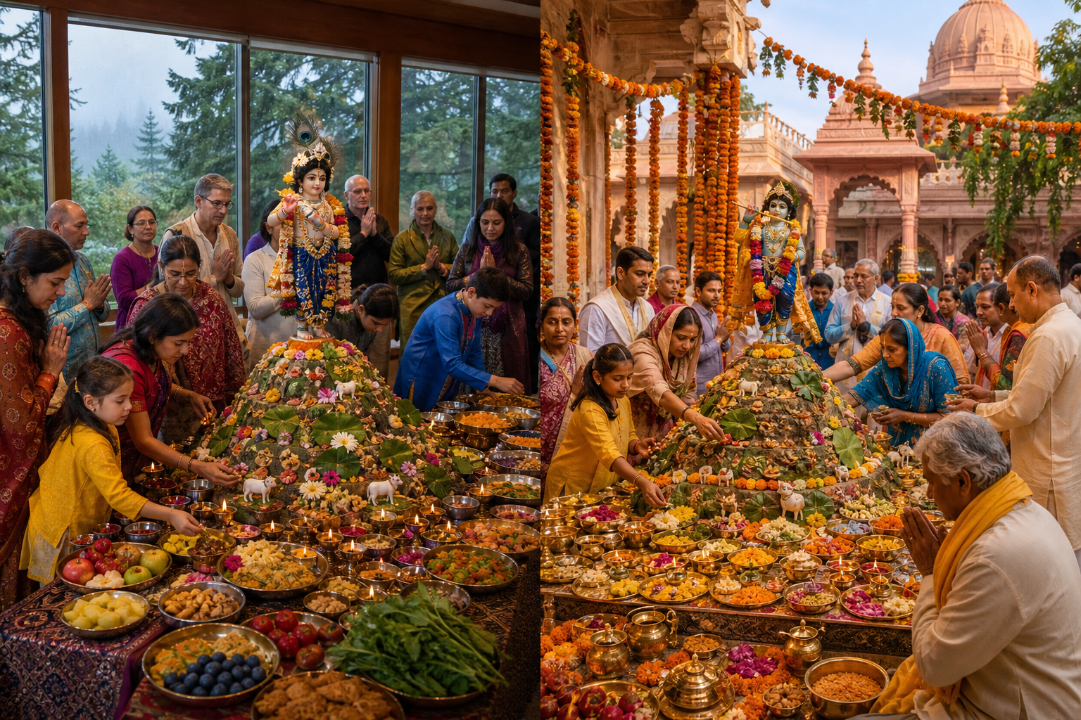 Govardhan Puja worshippers gather around decorated food offerings in a Seattle temple hall and a Vrindavan courtyard.
