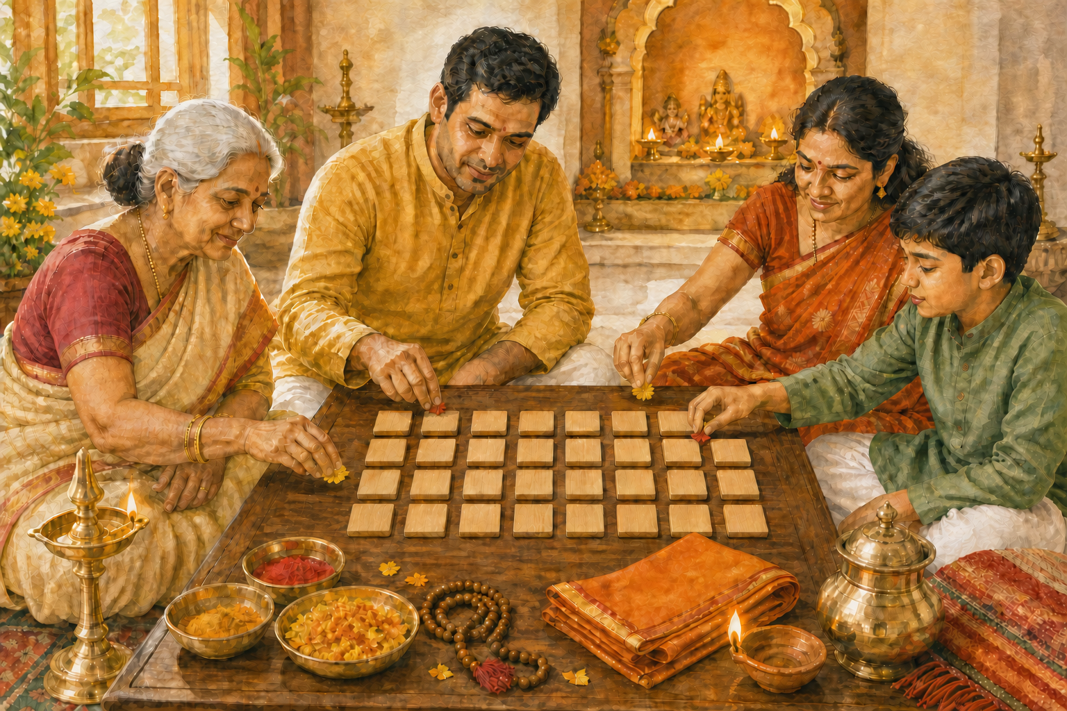 A multigenerational Hindu family places flowers and colored tokens on unnumbered wooden date tiles beside a diya and puja items.