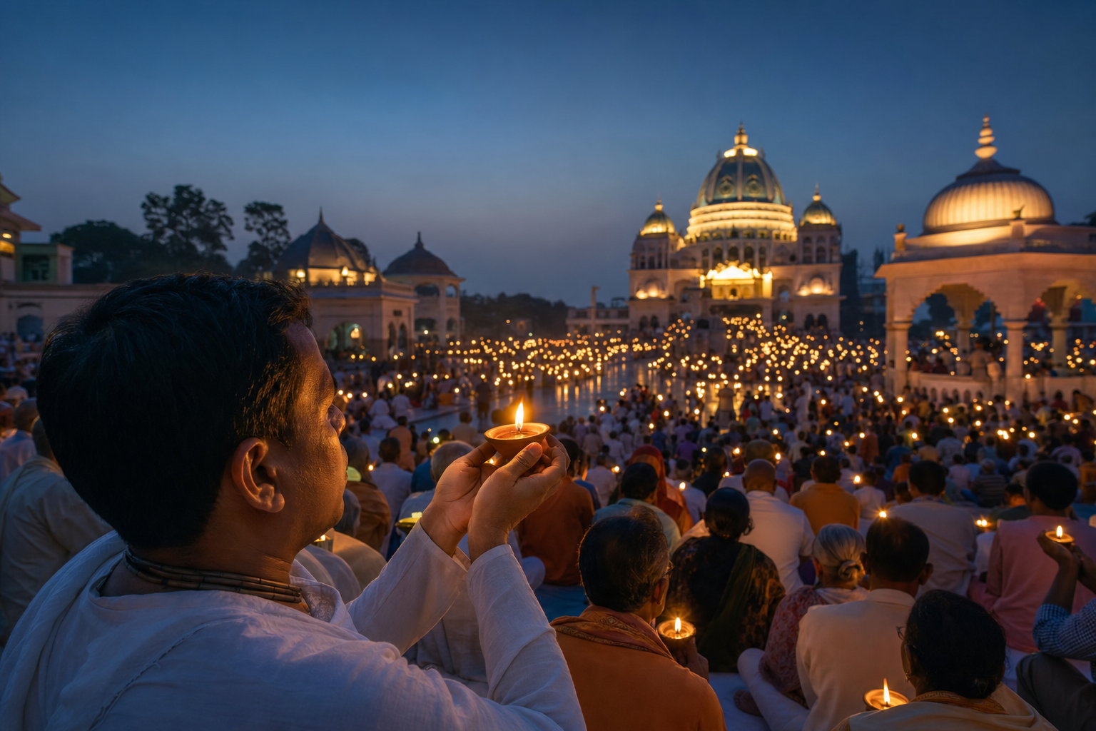 Devotees hold glowing ghee lamps during an evening Kartik worship gathering in a Mayapur temple courtyard.