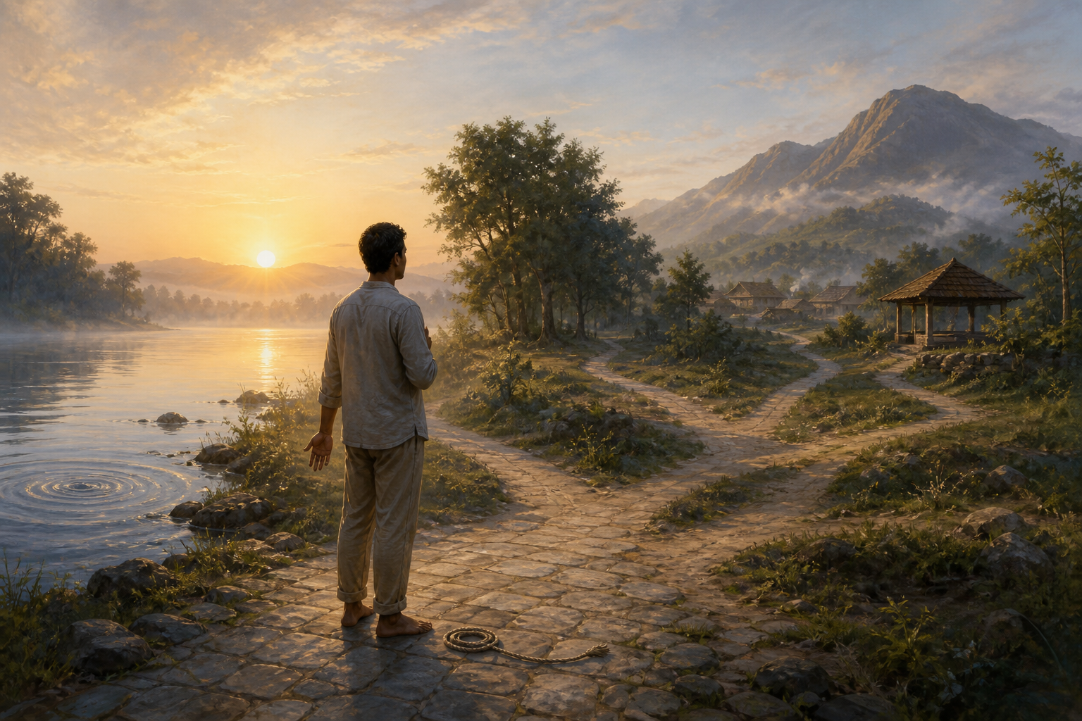A person pauses at dawn where several stone paths branch beside a misty river, with a loosened knotted cord near their feet.