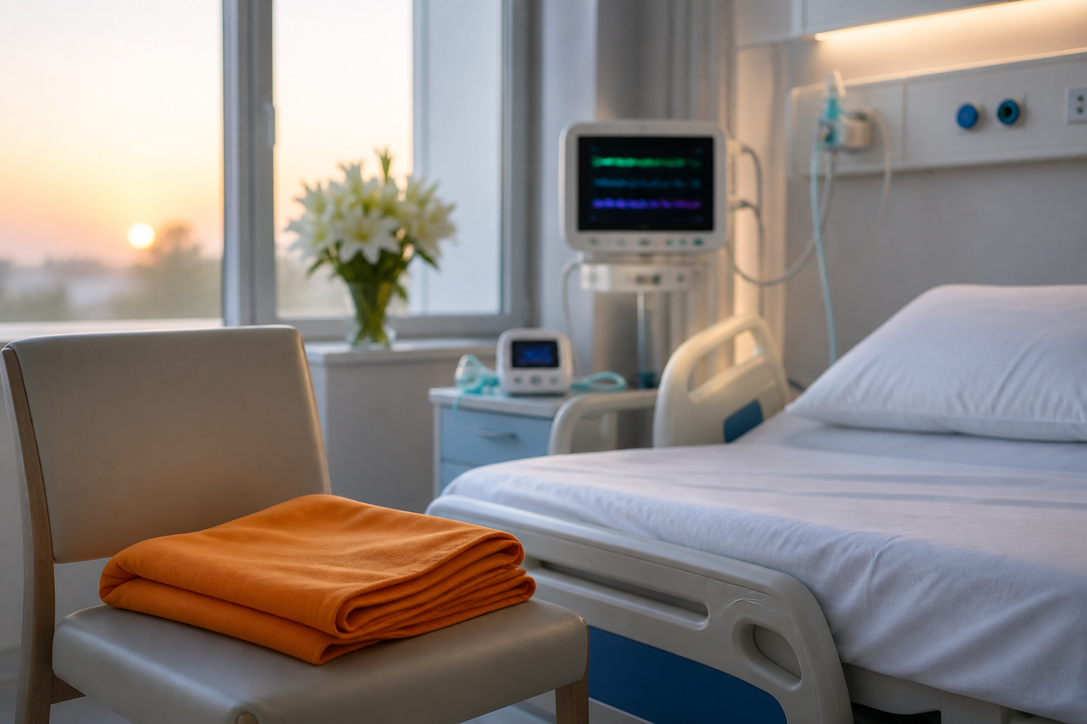 A folded saffron cloth sits beside an empty hospital bed with oxygen tubing, monitoring equipment, and white flowers.