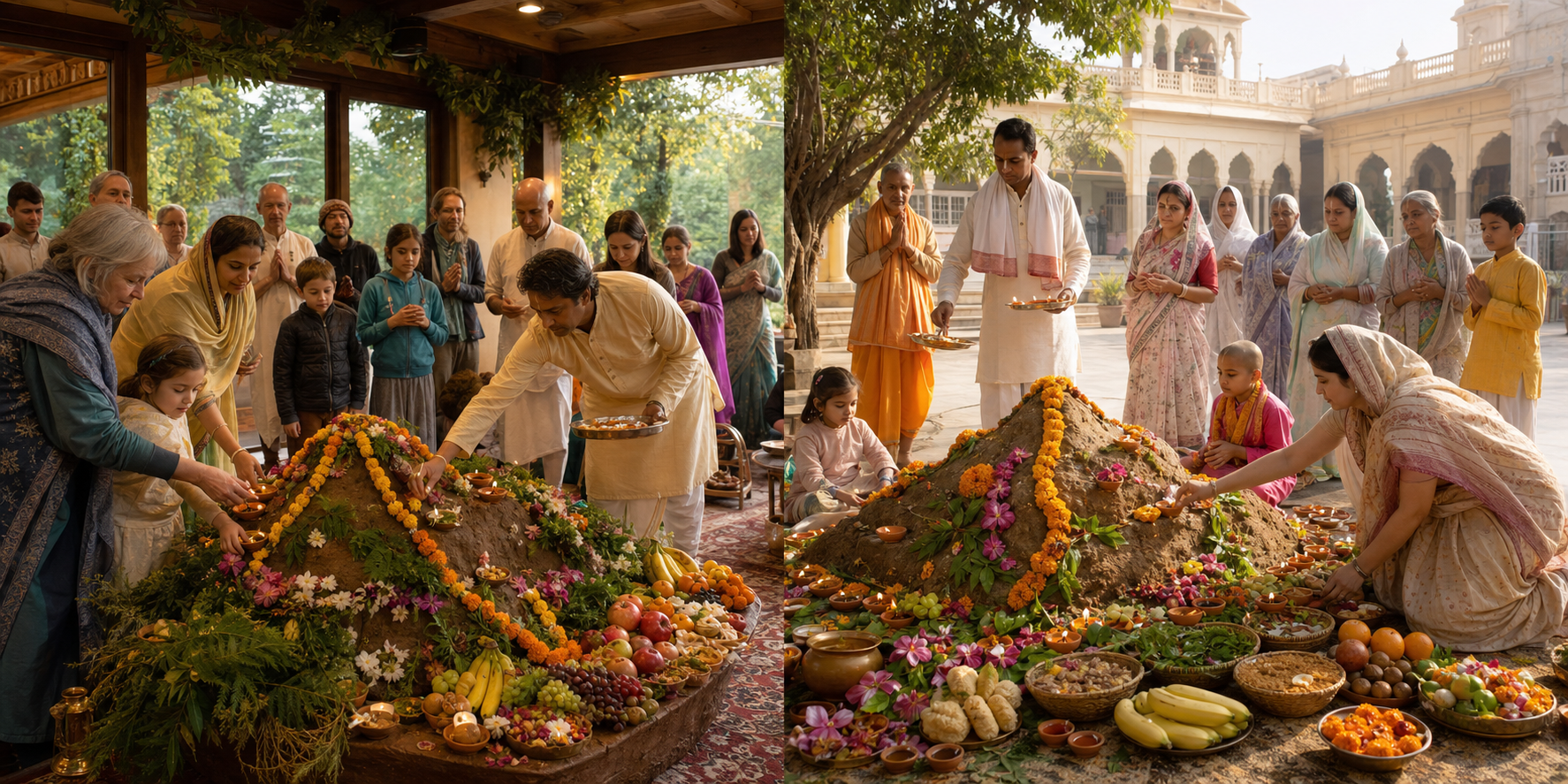 Devotees in Seattle and Vrindavan place flowers, pray, and serve offerings around Govardhan Puja altars.