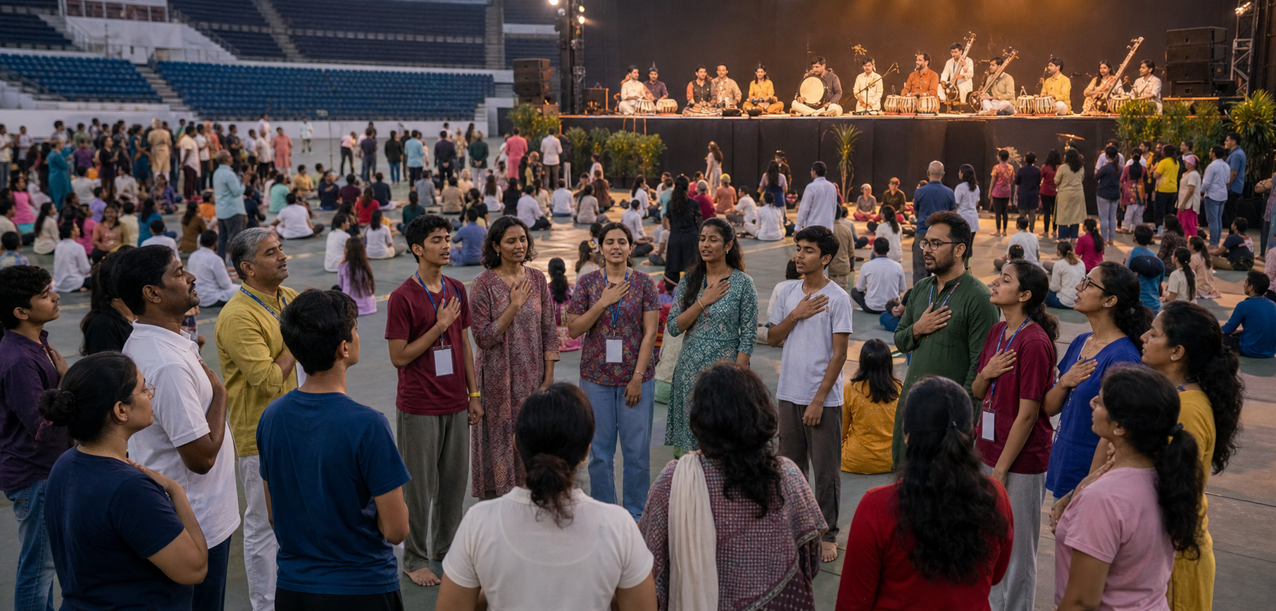 Young people, families, teachers and volunteers gather in a Delhi indoor stadium for music, contemplation and a shared wellbeing commitment.