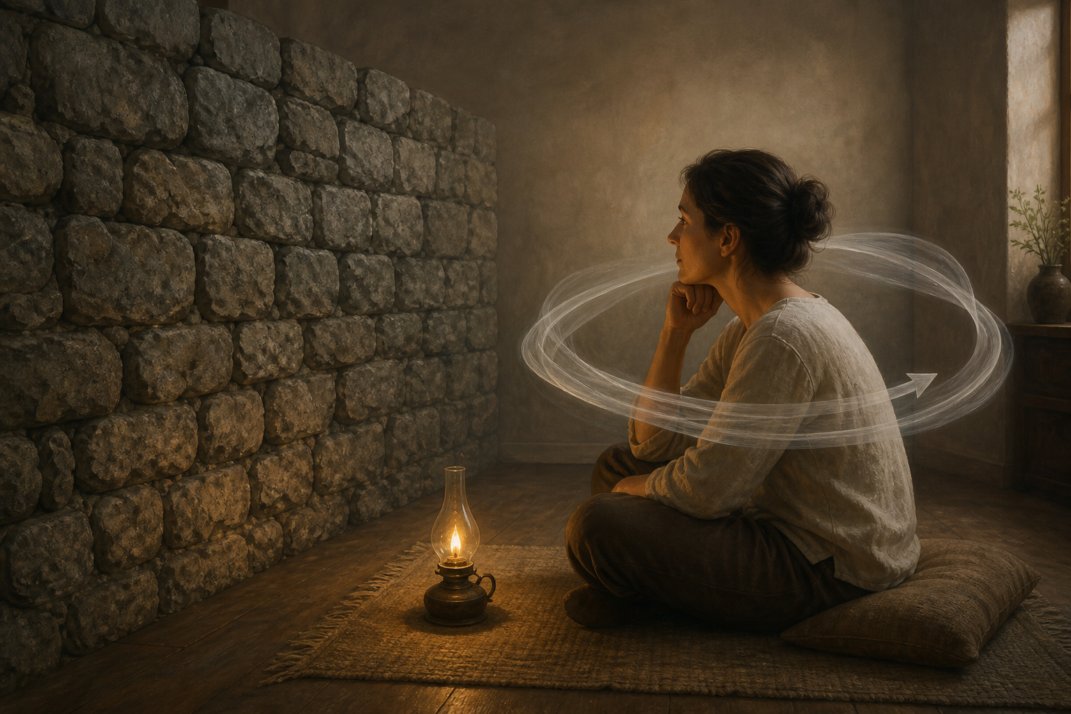 A seated person calmly observes a solid stone barrier and a loop of translucent ribbons circling around them.