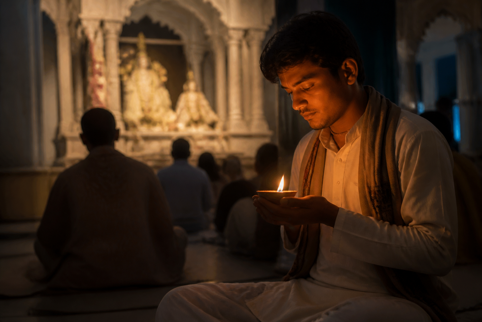 A seated devotee holds one small lamp in quiet contemplation inside a softly lit temple hall.