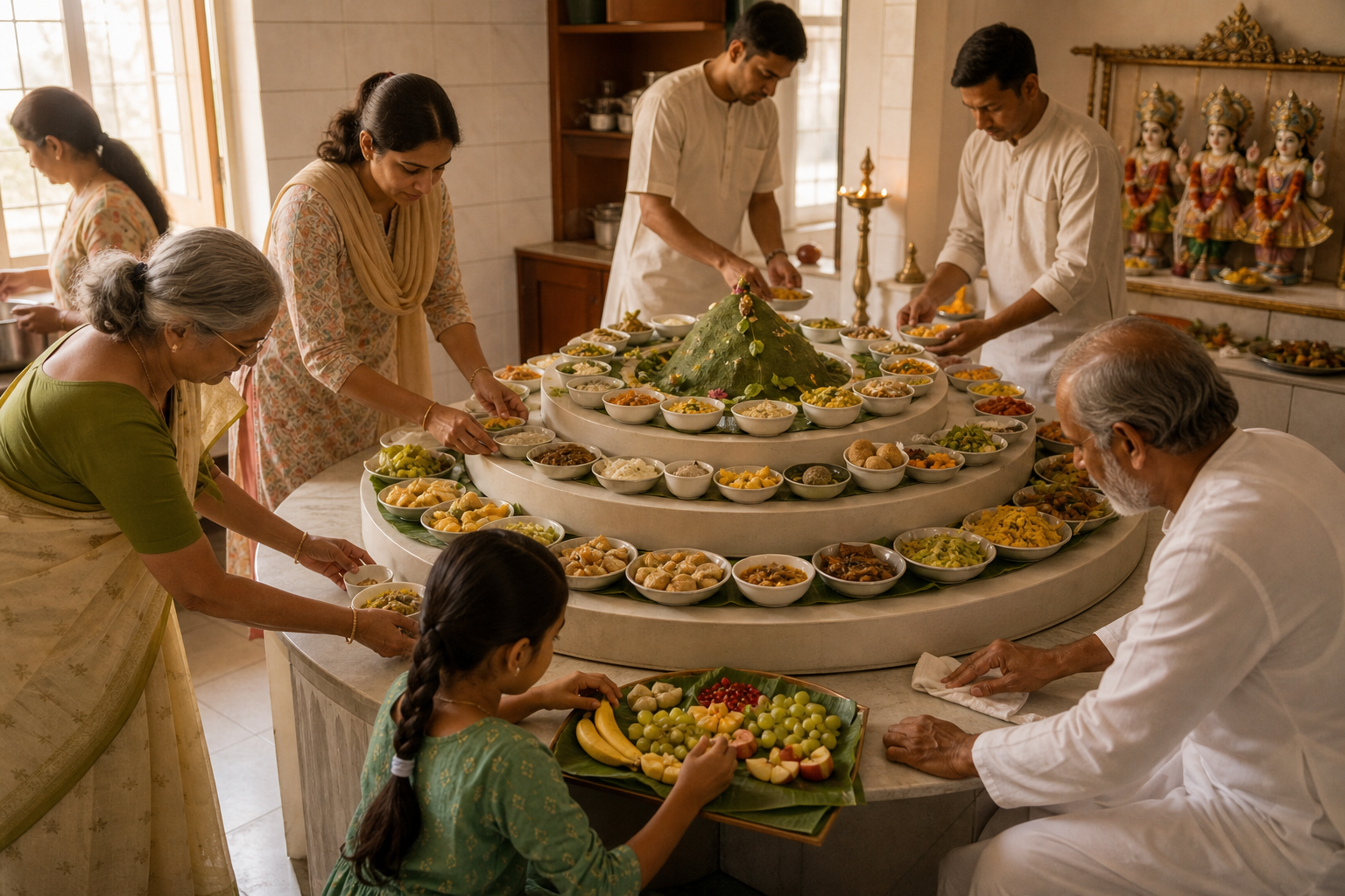 Families and volunteers carefully prepare small vegetarian dishes and arrange them around a Govardhan mound for Annakut.