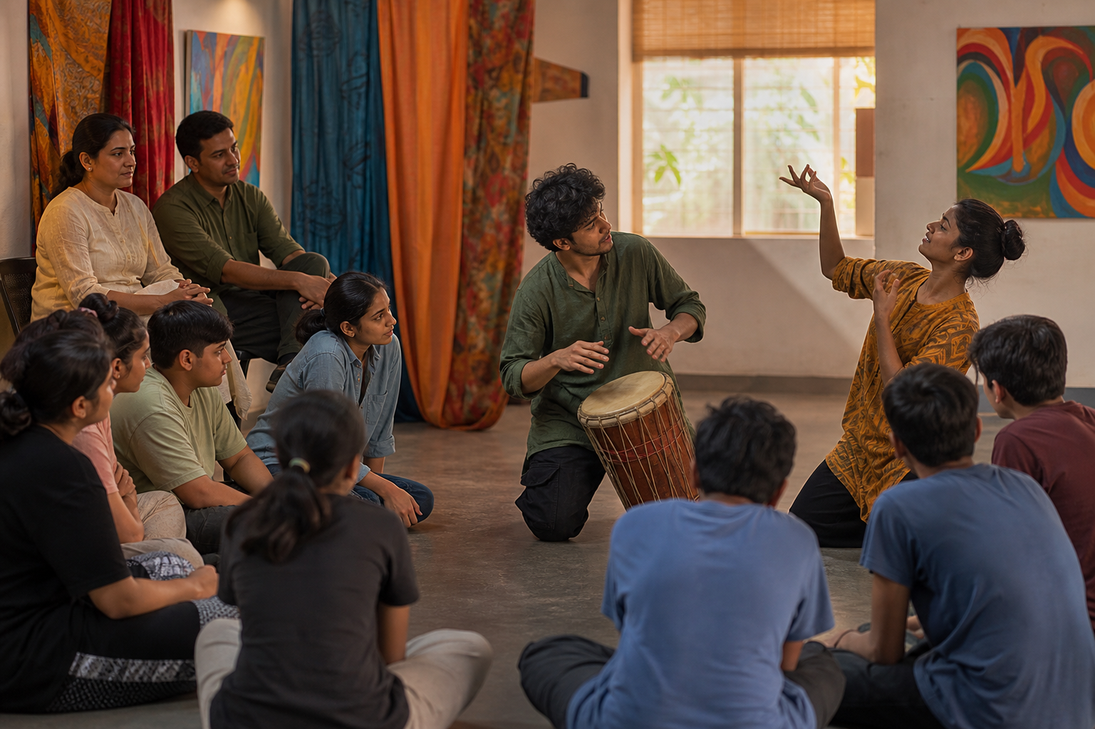 Teenagers, a parent and a teacher engage with expressive movement and percussion during a community arts workshop.