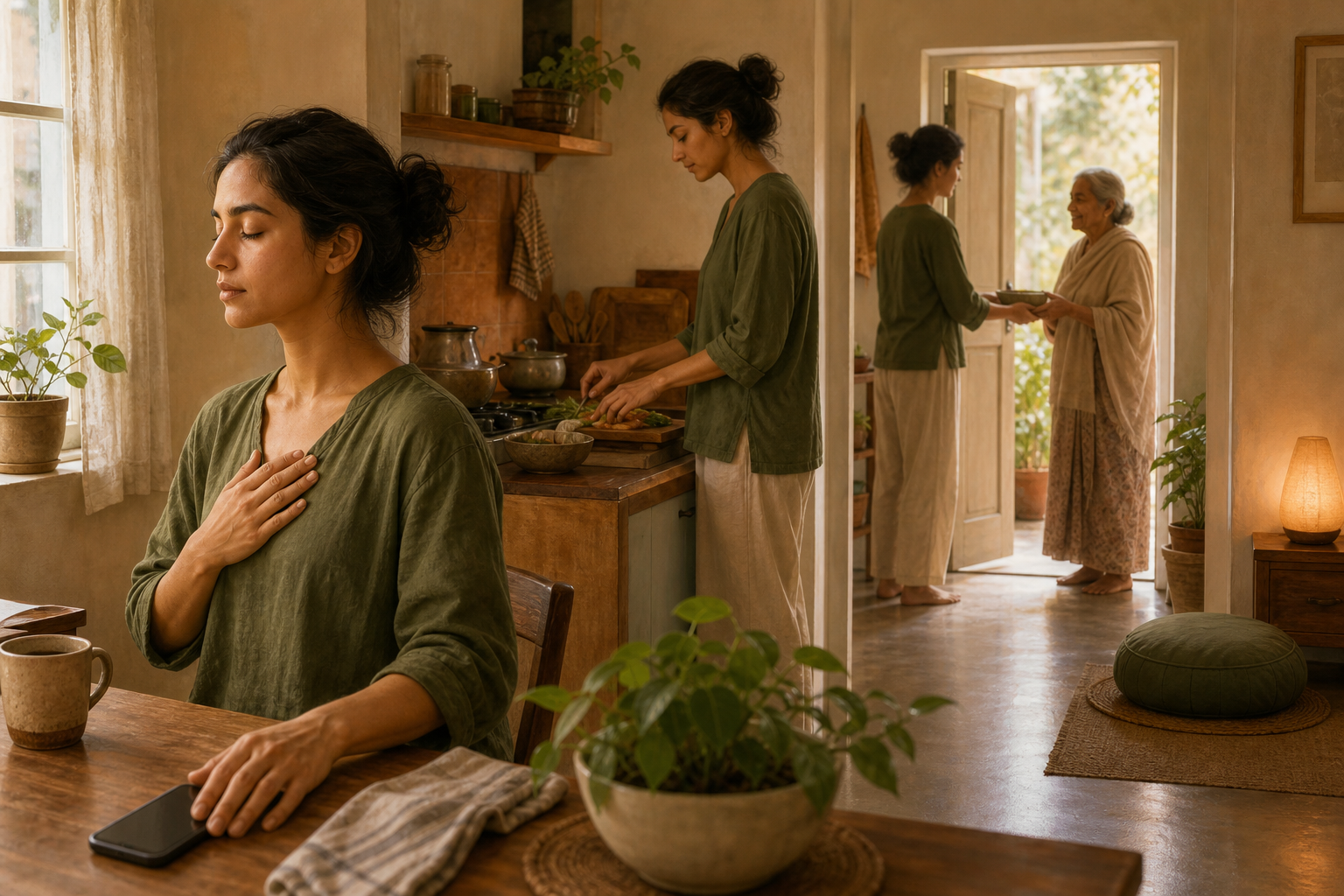 A person pauses before picking up a phone, prepares food mindfully, and offers a bowl to an elderly neighbor in a sunlit home.