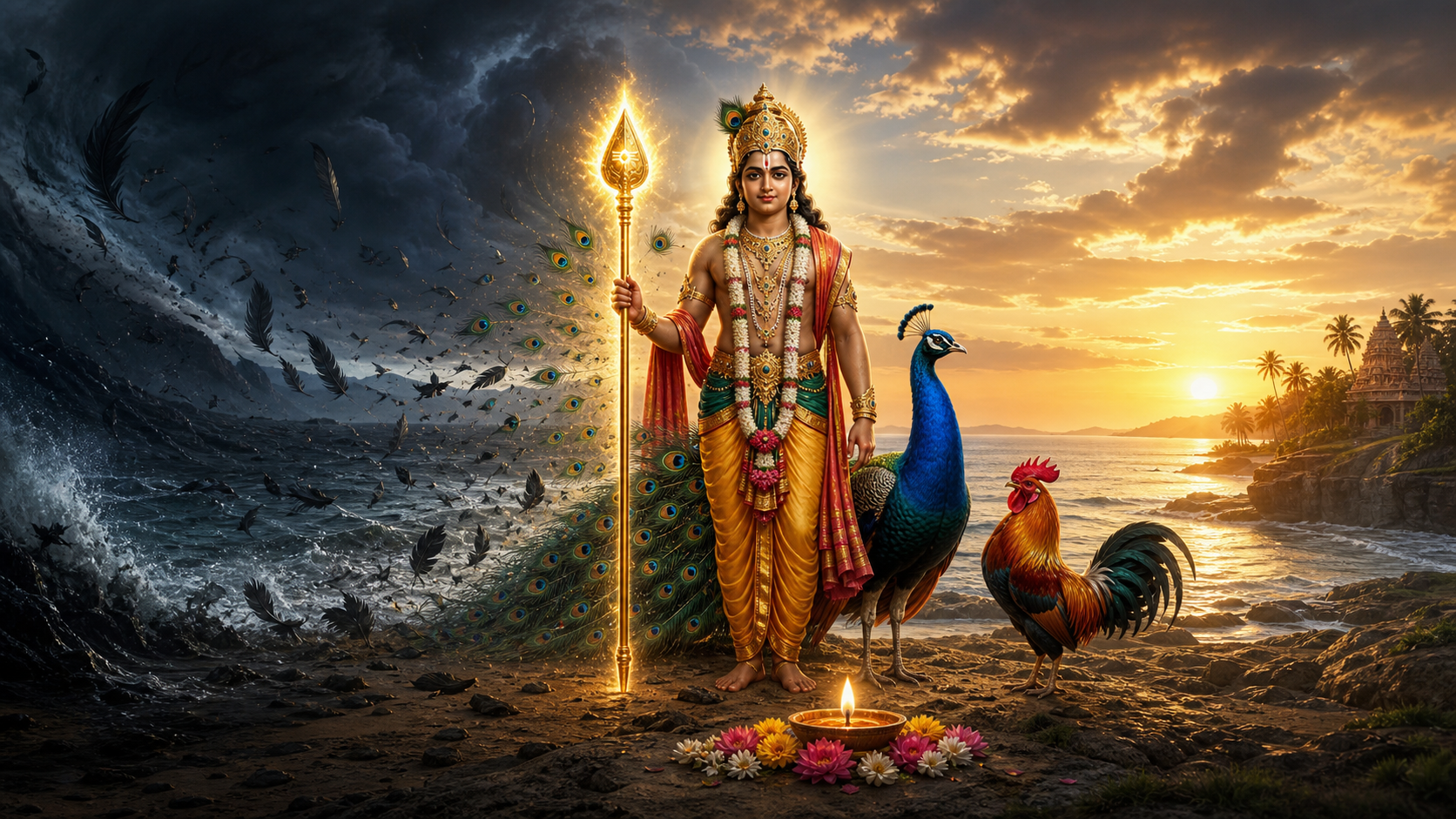 Muruga plants his vel as a boundary while stormy forms resolve into a peacock and rooster beside a lamp and flowers.
