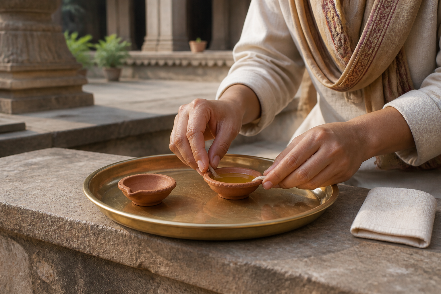 Hands prepare a cotton wick in a clay ghee lamp on a stable brass tray with loose clothing kept clear.
