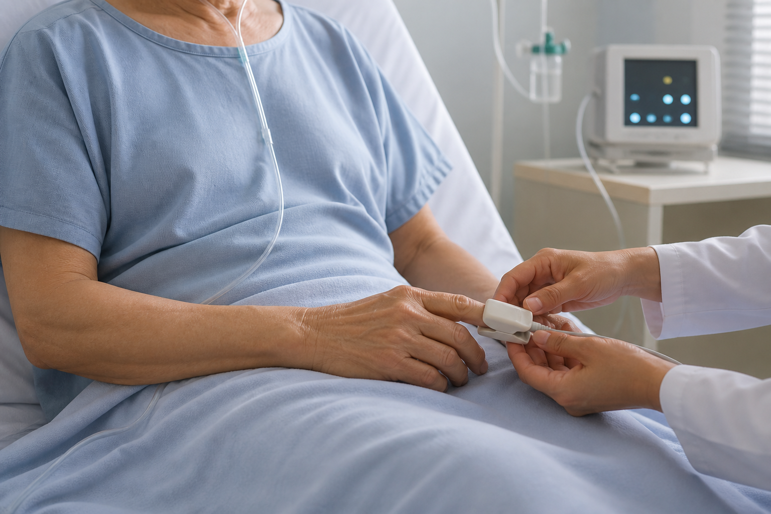 An anonymous patient receives oxygen in a hospital bed while a clinician places a pulse oximeter on one finger.