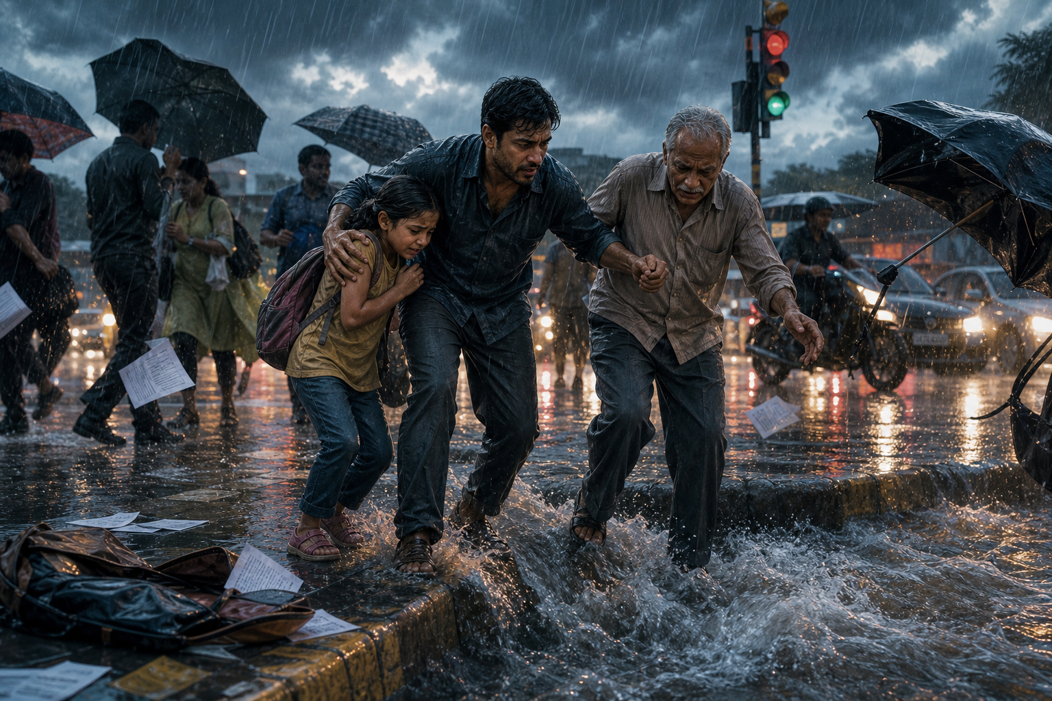 In heavy rain at a crowded crossing, a composed person helps a child and an older adult while their own belongings lie scattered nearby.