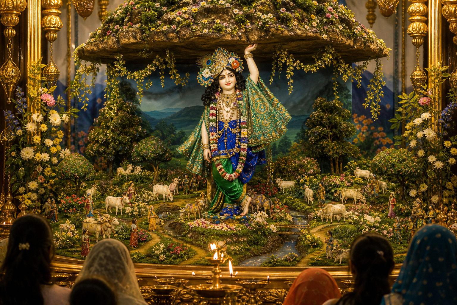 A decorated Krishna deity raises one hand above a miniature Govardhan landscape with cows, trees, flowers, and sheltered villagers.