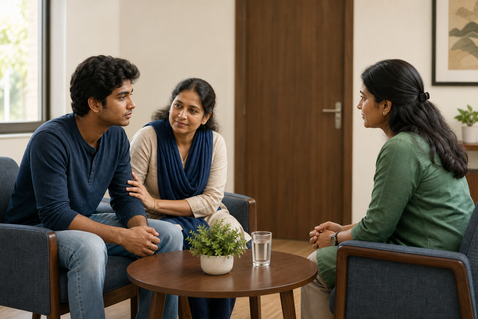 A counsellor listens respectfully to a young adult and a supportive parent in a private community-centre room.