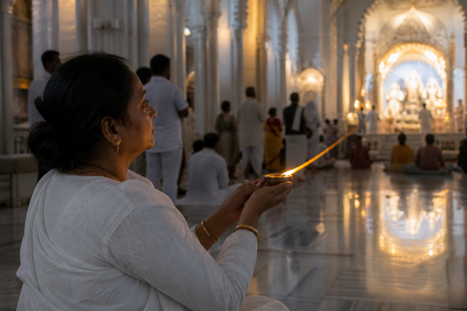A devotee moves a lit ghee lamp in a slow circular offering before a temple shrine while others wait behind.