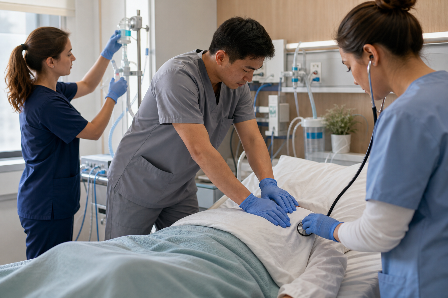 A hospital care team checks oxygen equipment, provides chest physiotherapy, and reassesses an anonymous patient.