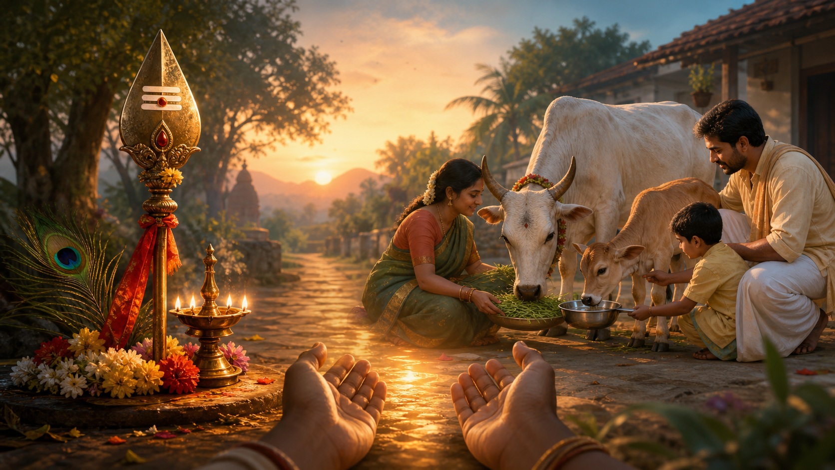 A ceremonial vel and oil lamp appear on one side of a sunlit path, while a family cares for a cow and calf on the other.