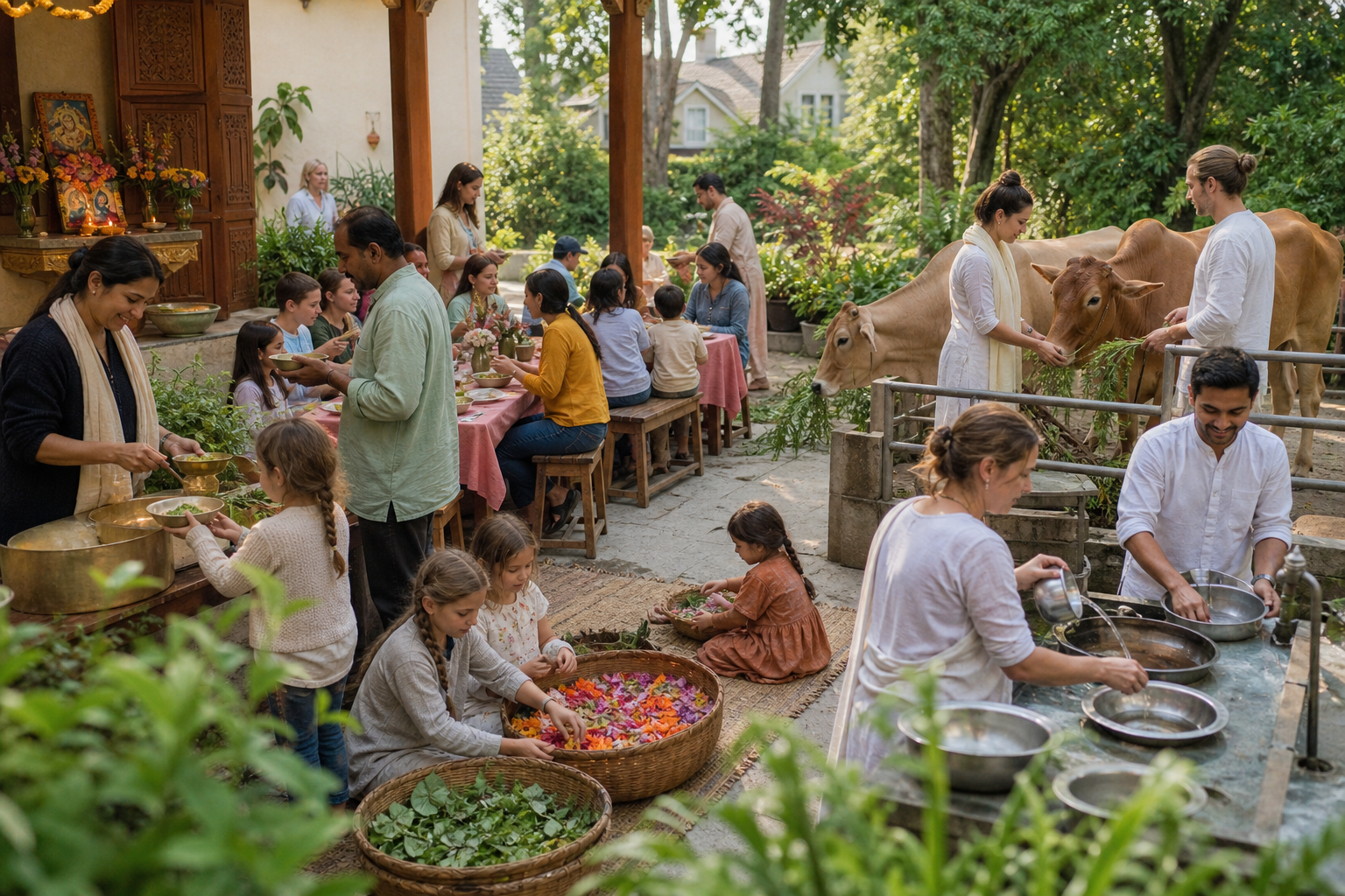 Volunteers serve vegetarian meals, clean reusable dishes, compost flowers, and care for cows after a community festival.