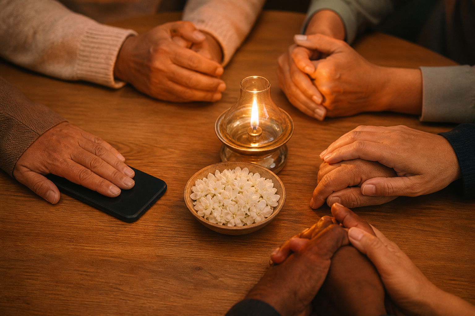 Several hands gather around a small oil lamp and white flower petals beside a face-down smartphone.