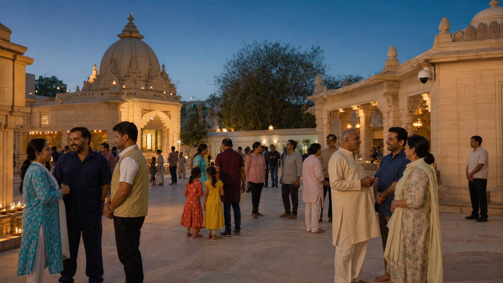 Temple volunteers, emergency personnel and worshippers speak calmly in a warmly lit courtyard after evening prayers.