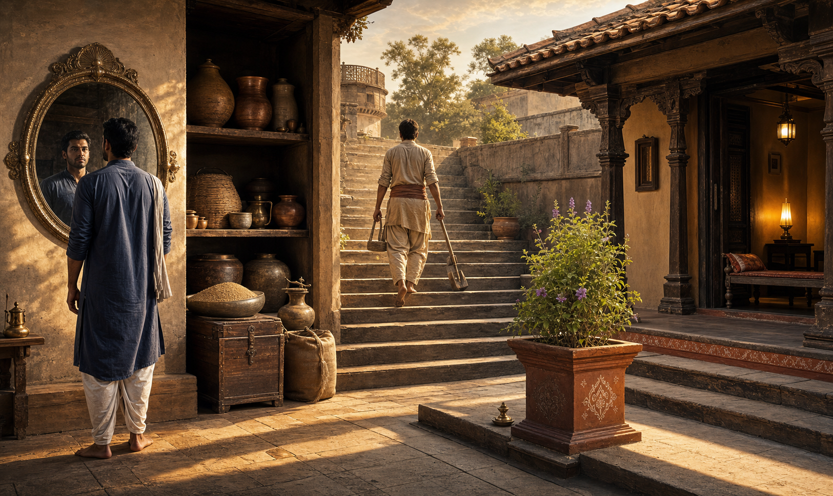 A panoramic scene shows a person at a mirror, stored household resources, a figure climbing steps with tools, and a warm courtyard home.