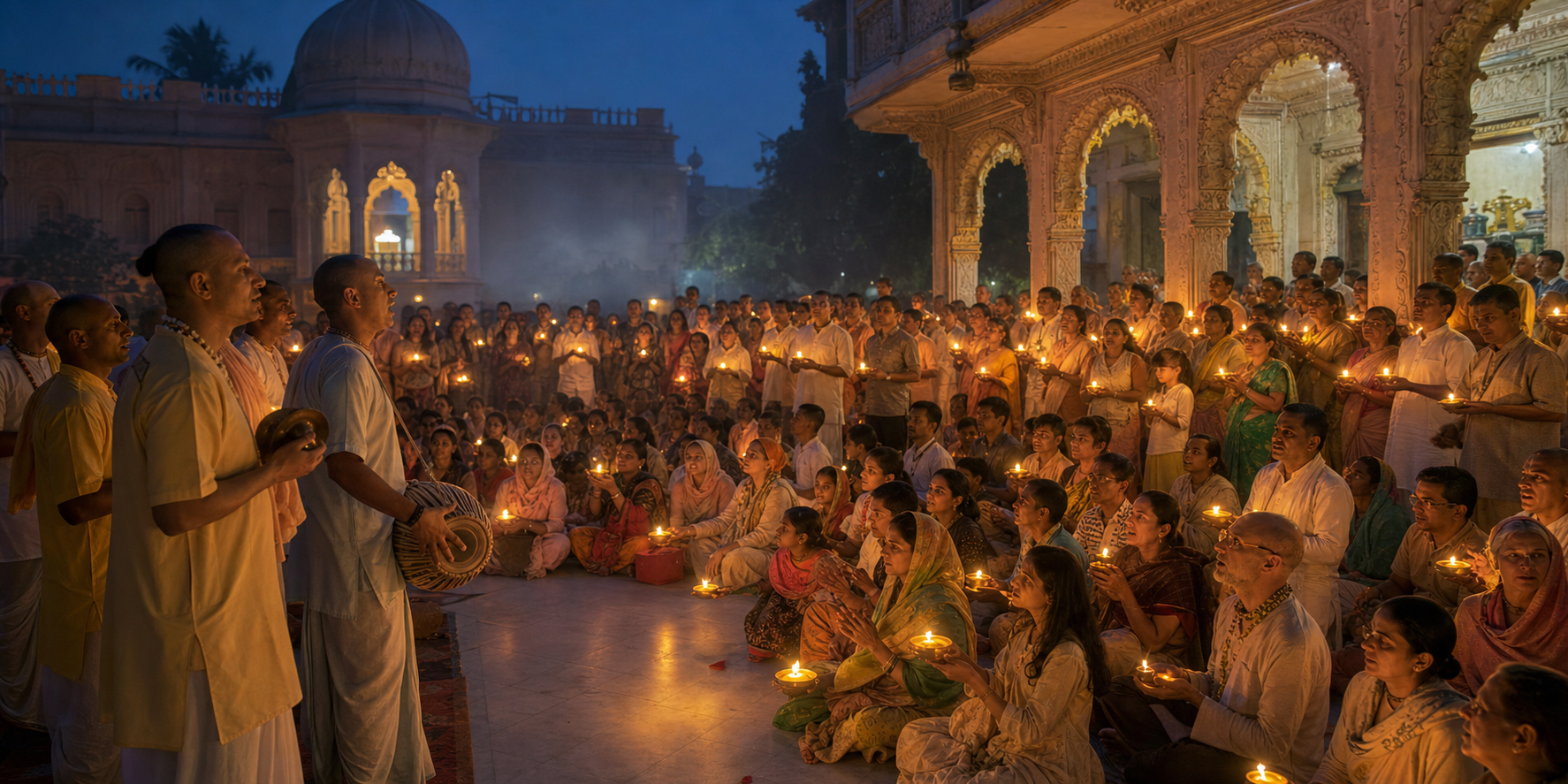 Rows of devotees hold lamps during an evening kirtan with traditional cymbals and a double-headed drum in a Mayapur courtyard.