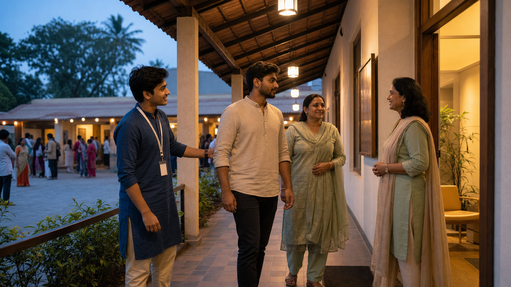 A volunteer accompanies a young adult and family member from a community gathering toward a welcoming counselling service.