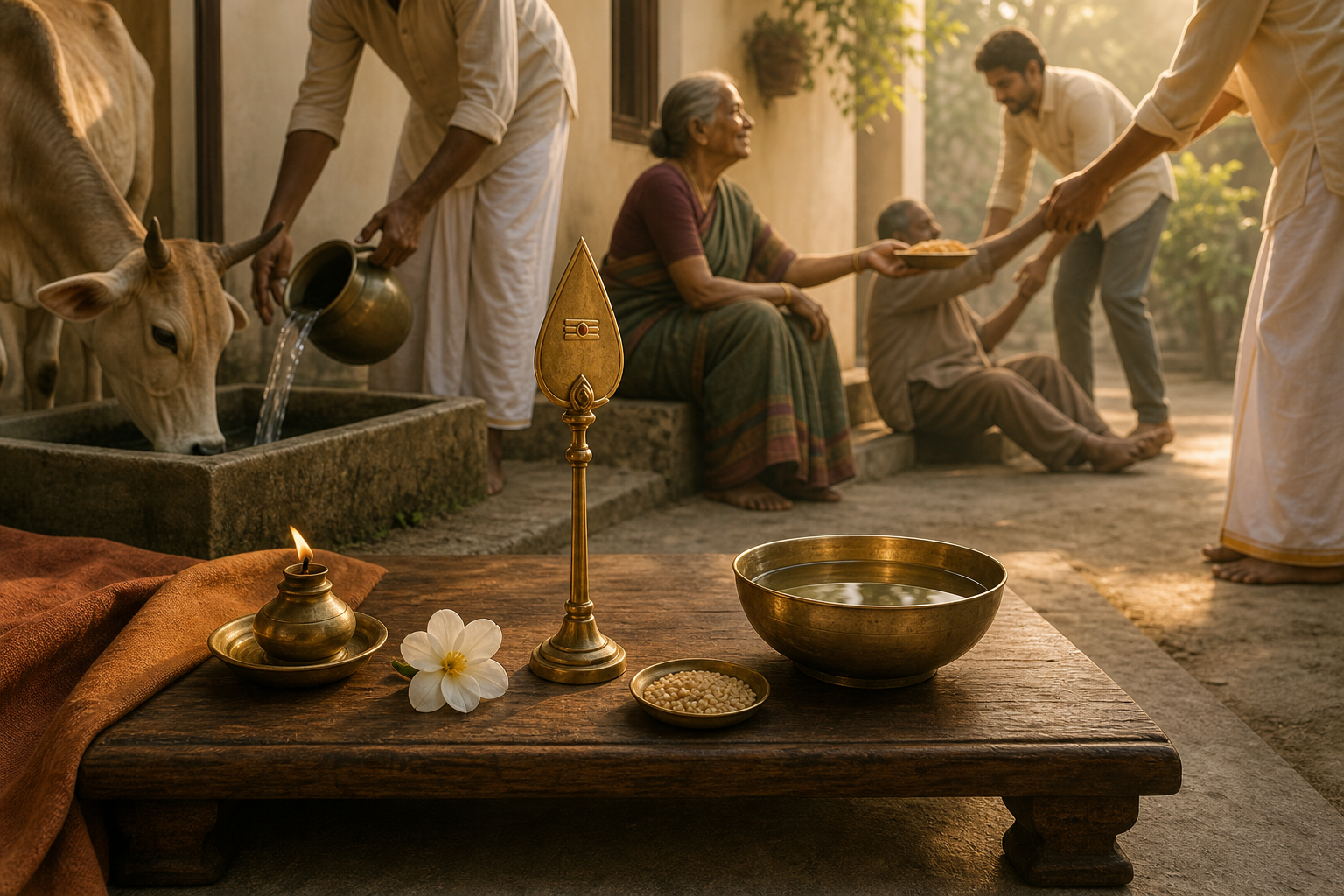 A lamp, flower, water bowl, grain, and ceremonial vel sit before scenes of people giving water, sharing food, and helping another person stand.