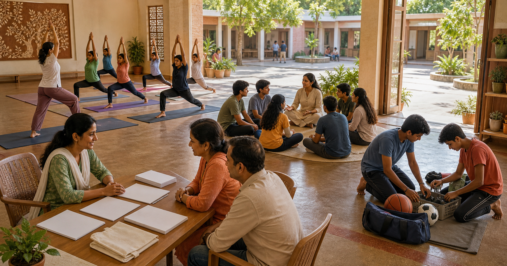 A community centre hosts yoga, peer support, family guidance and recreation as part of its regular daily activities.