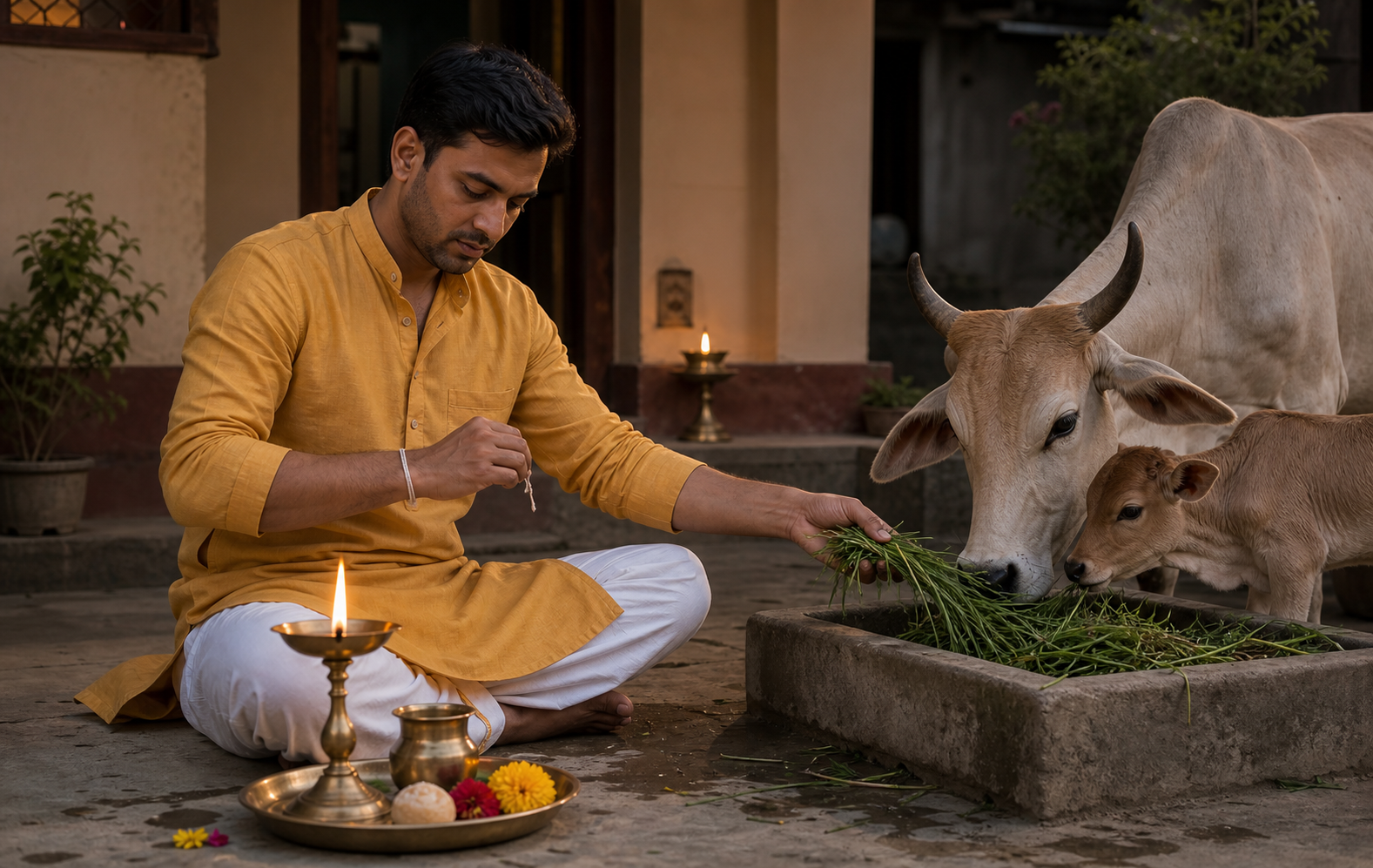 A person ties a sacred thread around their wrist while placing fresh fodder in a trough for a cow and calf beside a lit lamp.