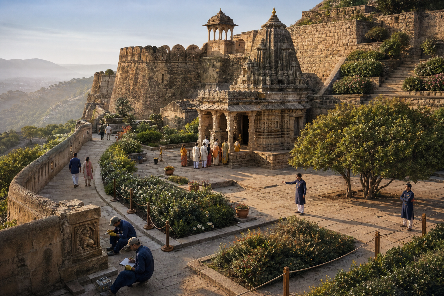 Historic hilltop temple and fort precinct with worshippers, visitors, conservators and site stewards using distinct parts of the grounds.
