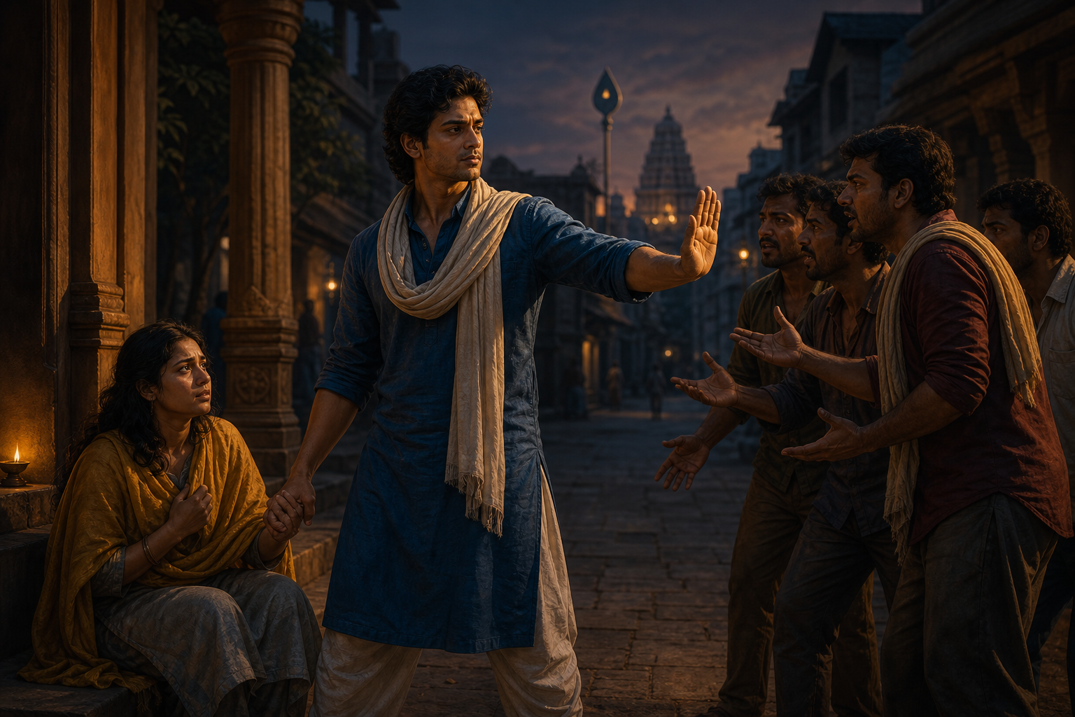 A calm person raises an open hand to stop an agitated group while helping a seated person in a lamp-lit lane.