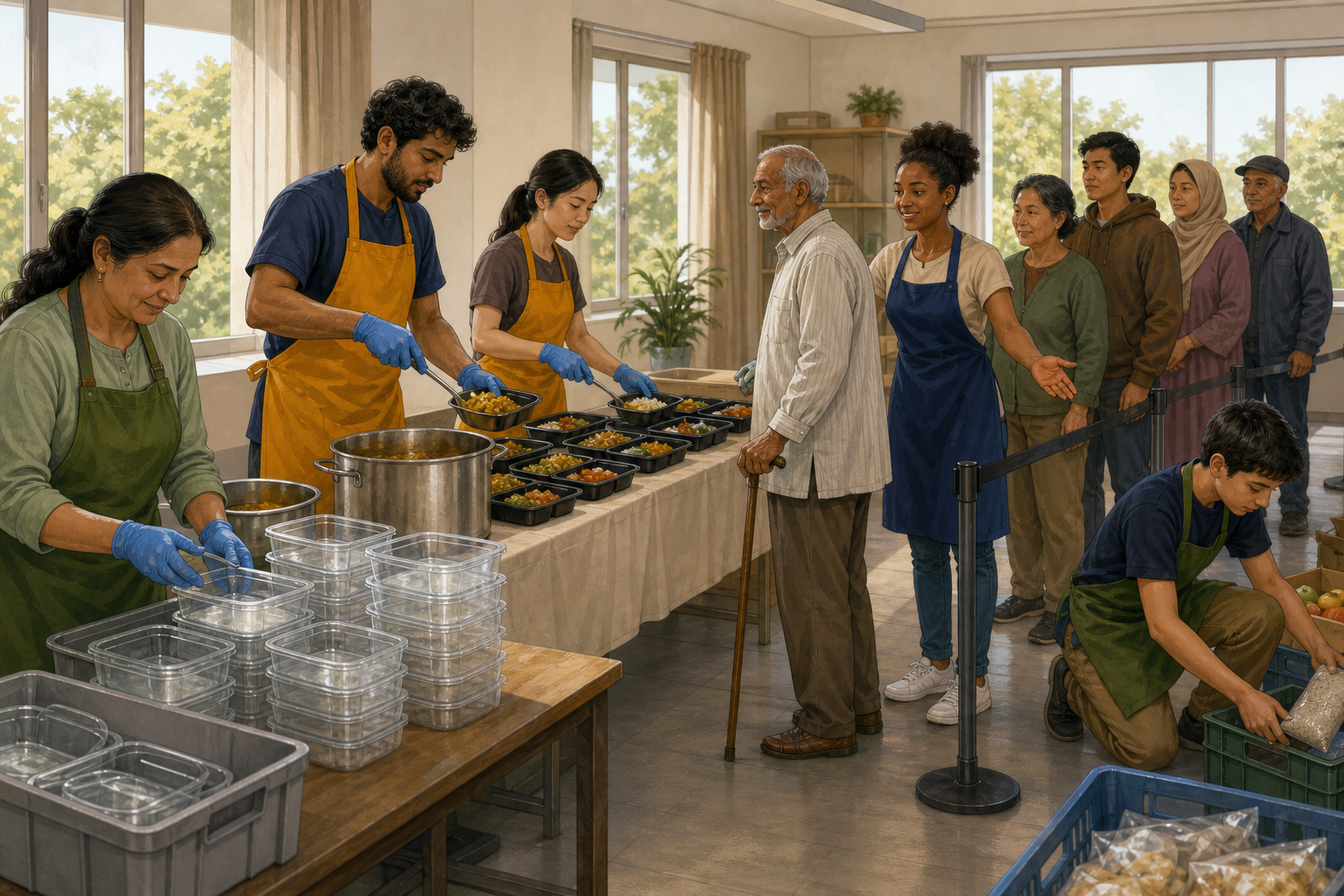 Volunteers follow an orderly food-service workflow while assisting an older community member in an accessible hall.