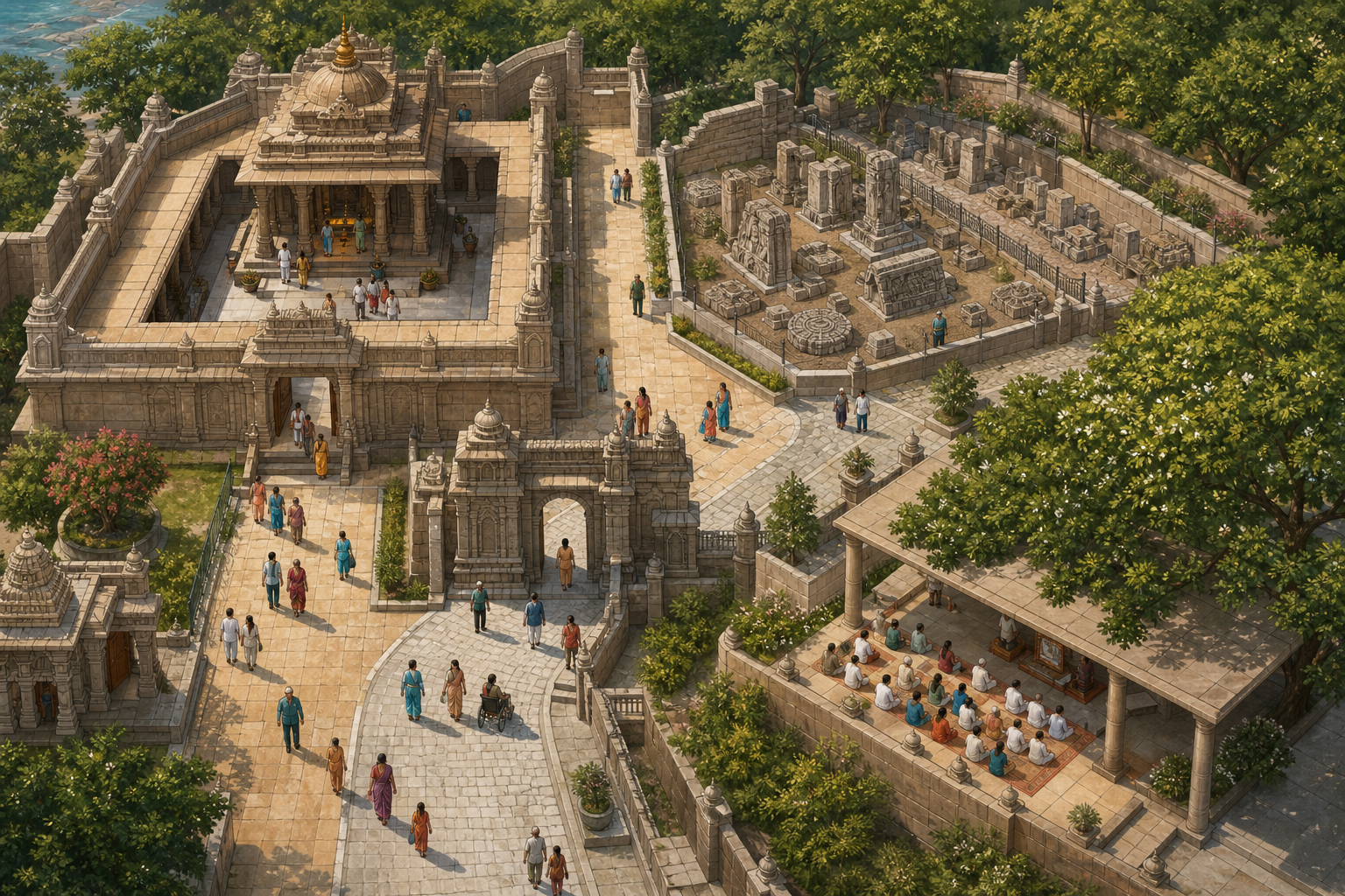 Bird's-eye view of a fictional temple complex with a sanctuary court, protected ruins, visitor route and outer gathering terrace.