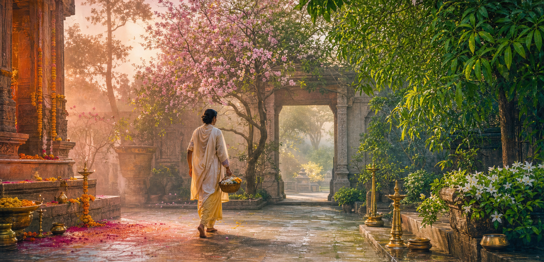 A devotee crosses a temple courtyard from color-dusted stones and marigolds toward fresh leaves, blossoms, and newly lit lamps.
