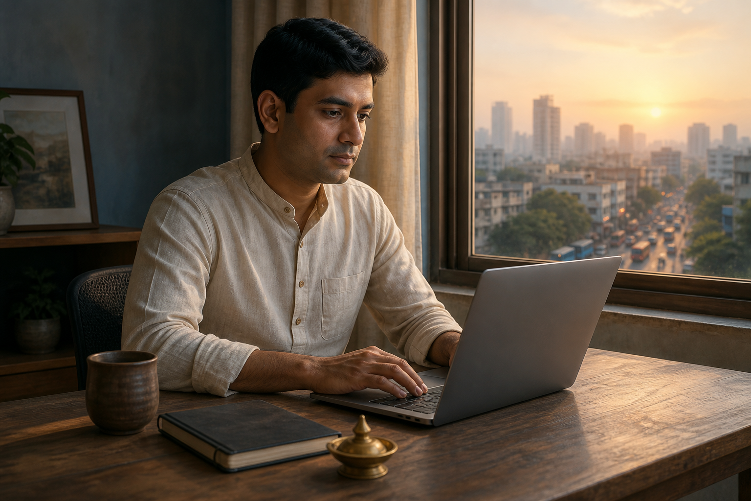 A calm professional works at a home-office desk in the early morning while a city becomes active outside the window.
