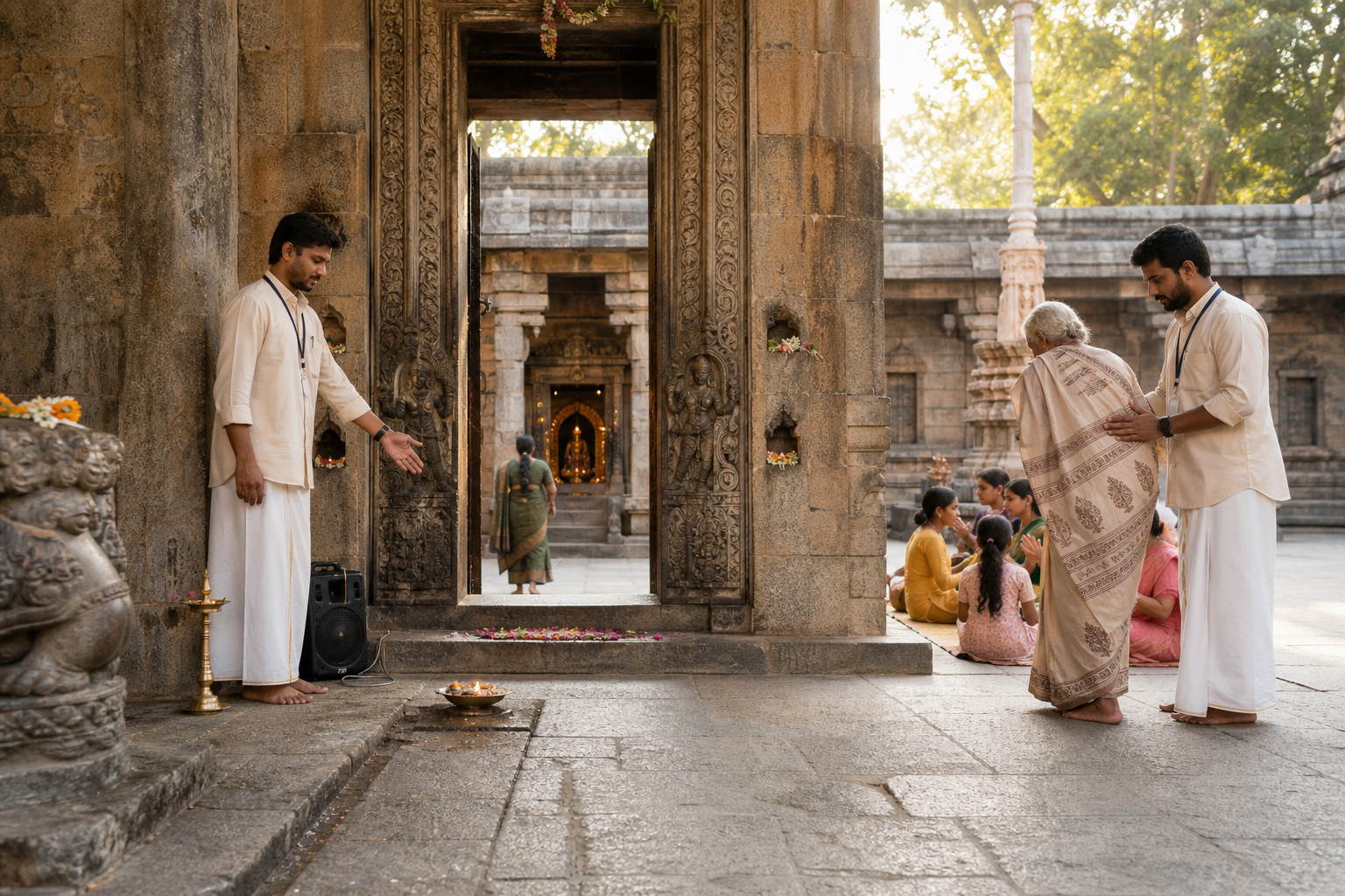 Worshippers and visitors share a historic temple threshold while site stewards keep the main passage and fragile masonry clear.