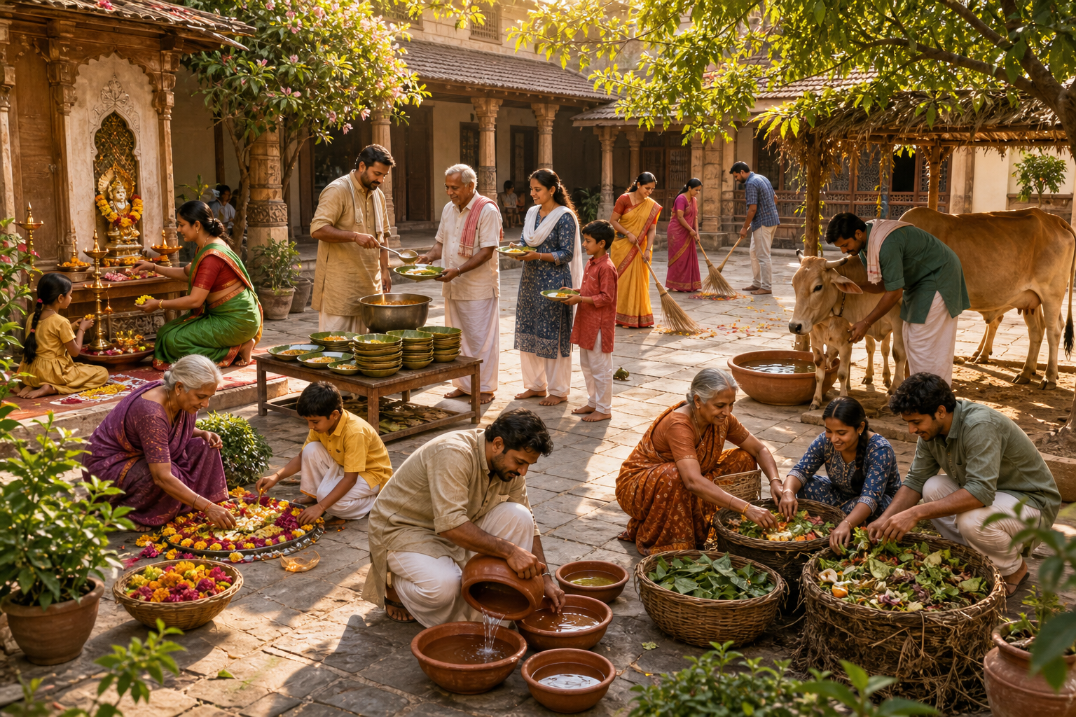 Community members prepare a worship space while serving food, cleaning the courtyard, composting remnants, and providing shade and water for a cow and calf.