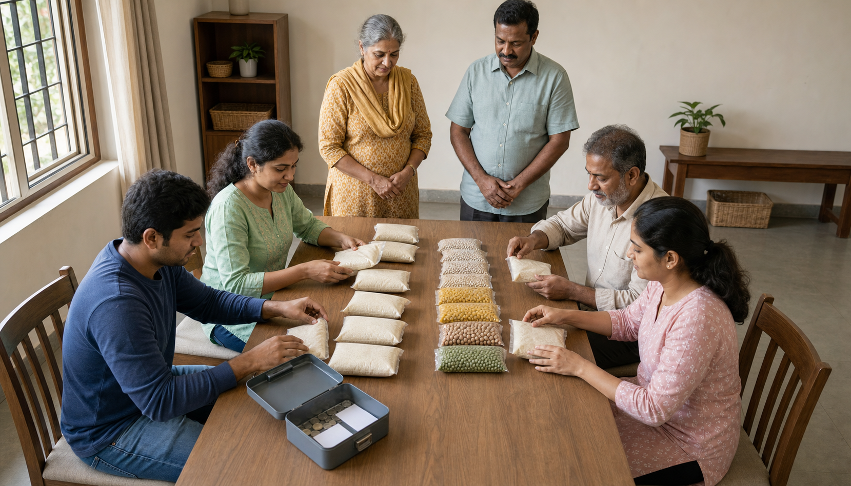 Volunteers and community observers jointly count remaining service supplies around a table.