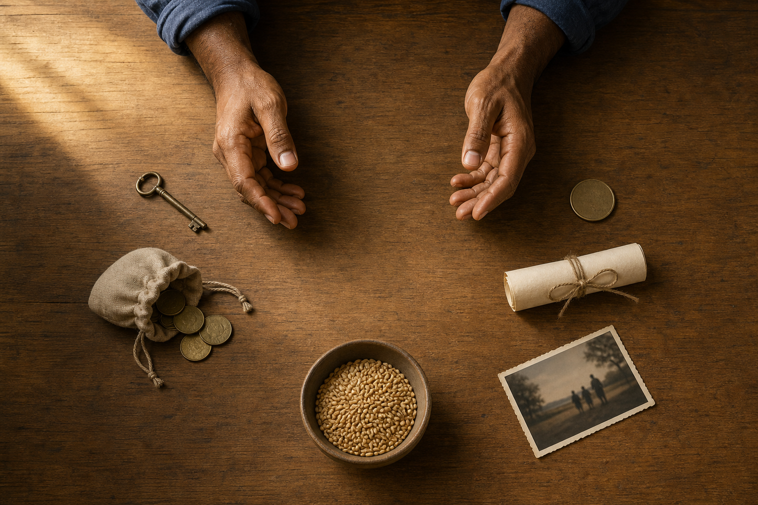 Hands pause over keys, coins, a blank certificate scroll, a family photograph, and other objects arranged on a wooden table.