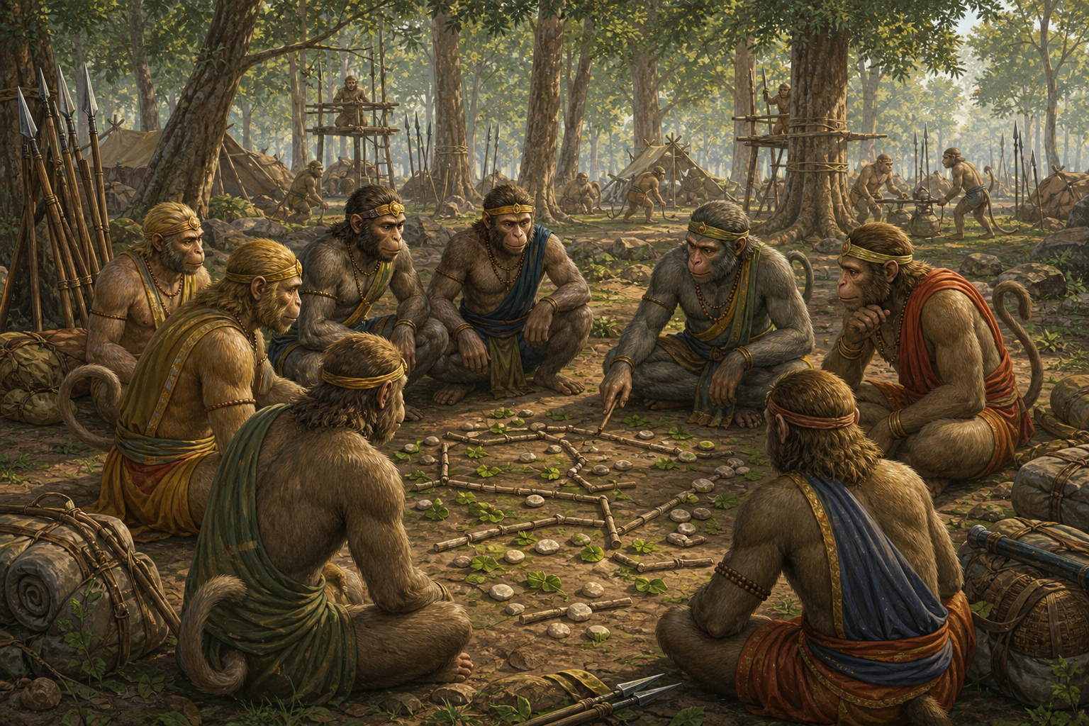 Several vanara commanders confer in a forest camp around a ground map made from stones, leaves and branches.