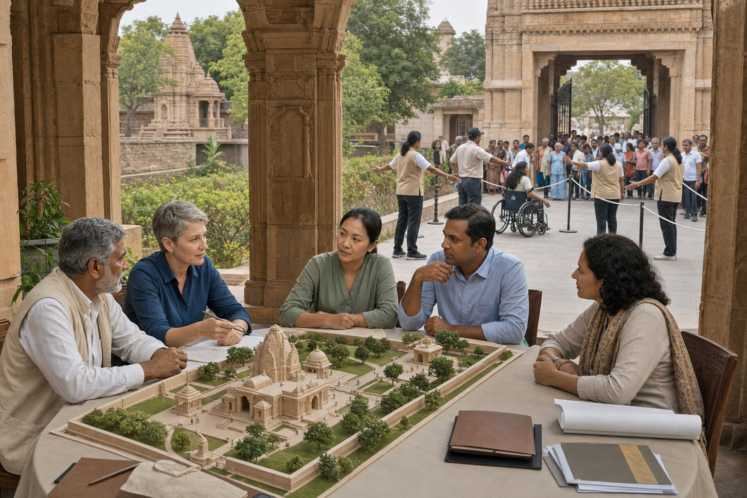 A policy group studies a model of a heritage precinct while a separate team calmly manages an unexpected gathering outside.