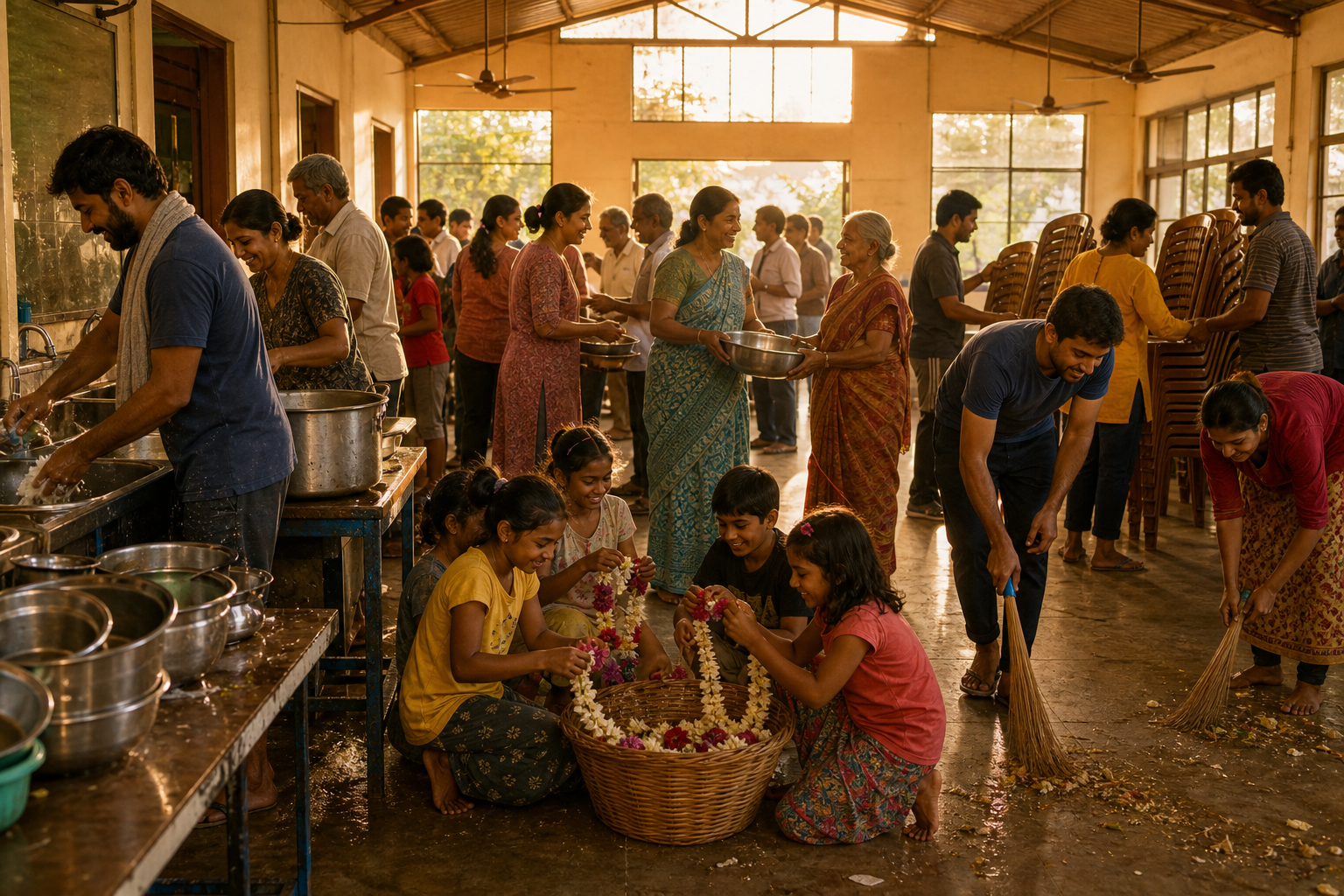 Community volunteers clean up together as residents place flower garlands in a shared basket after a meal.