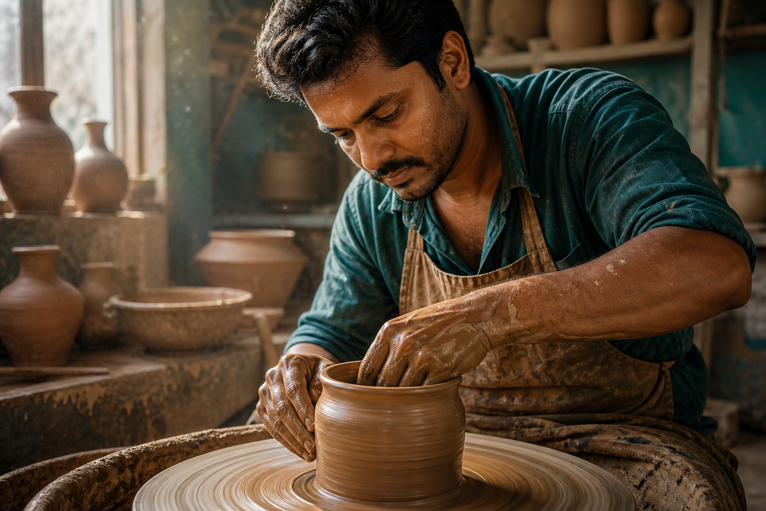 A focused craftsperson shapes a clay vessel on a wheel in a sunlit workshop.