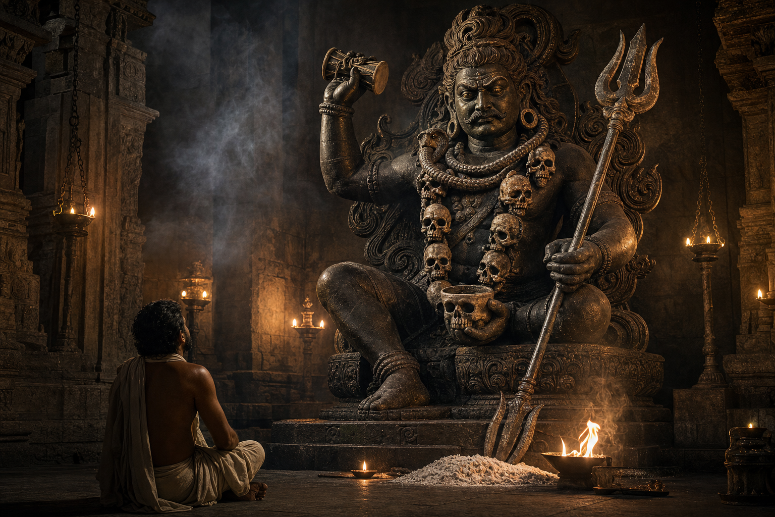 A devotee observes a fierce Shaiva guardian murti whose drum, serpent, skull garland, skull cup, trident, flame, and sacred ash form a connected composition.