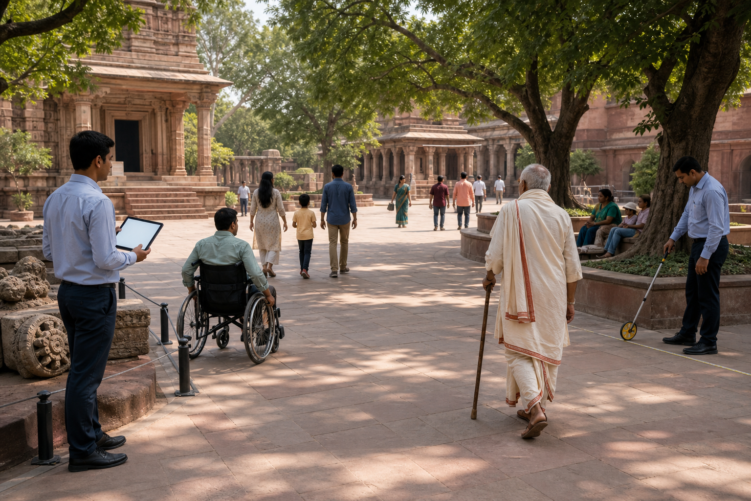 Staff observe a trial worship gathering as visitors of different ages and abilities move through an accessible heritage courtyard.