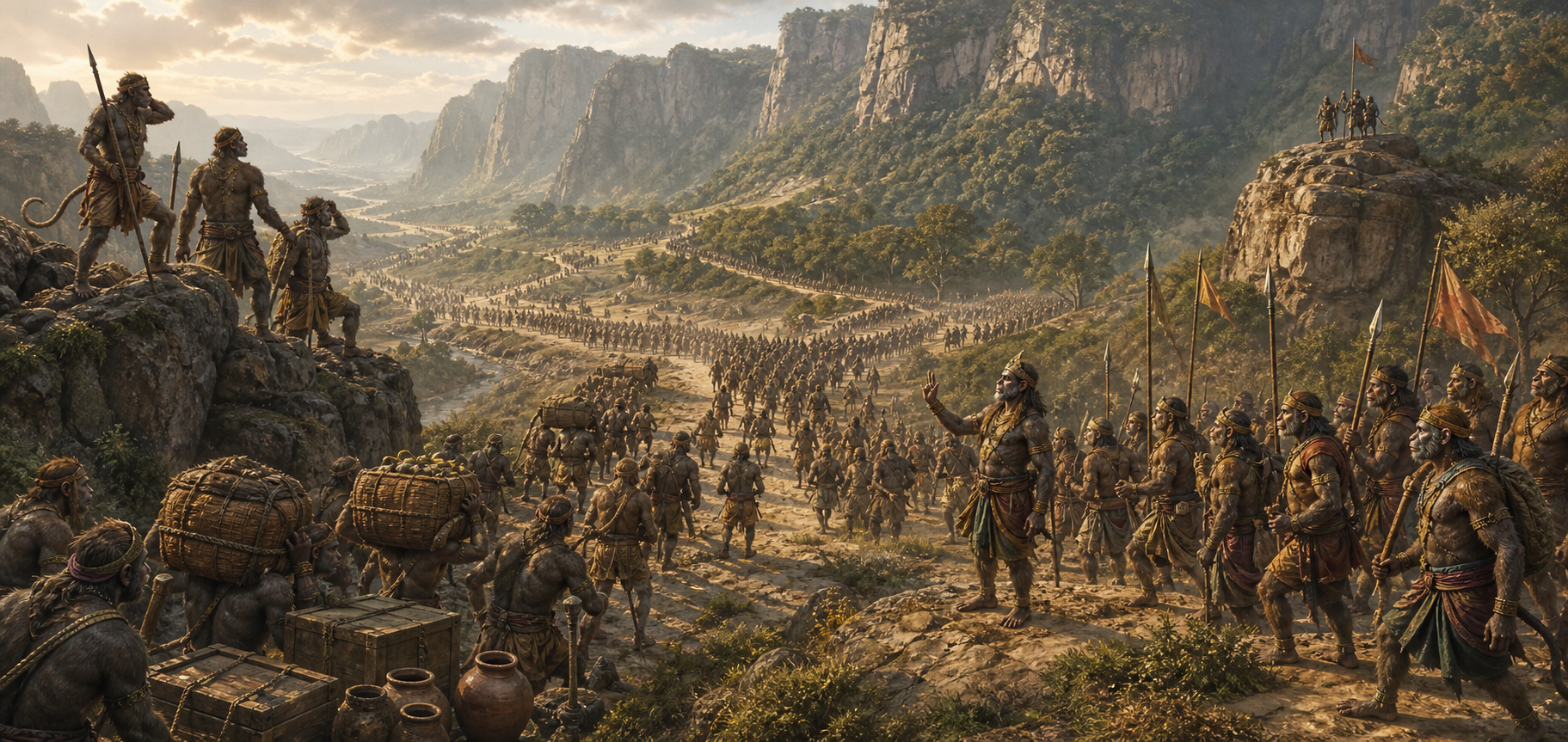 A large vanara army travels in coordinated groups through a mountain valley as scouts and commanders guide the movement.